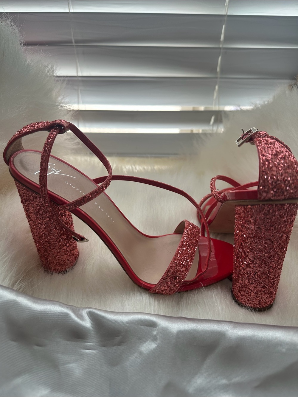Giuseppe Zanotti Red Glitter Block Heel Sandals Size 37